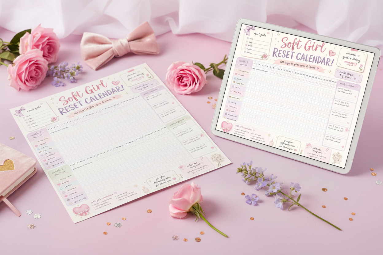60-Day Soft Girl Reset Calendar printable shown on paper and tablet — pastel habit tracker PDF and PNG instant download