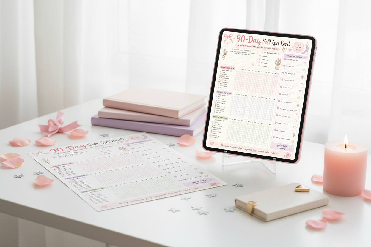 90-Day Soft Girl Reset Calendar printable habit tracker shown on paper and iPad, blush pink and lavender pastel aesthetic, instant download PDF