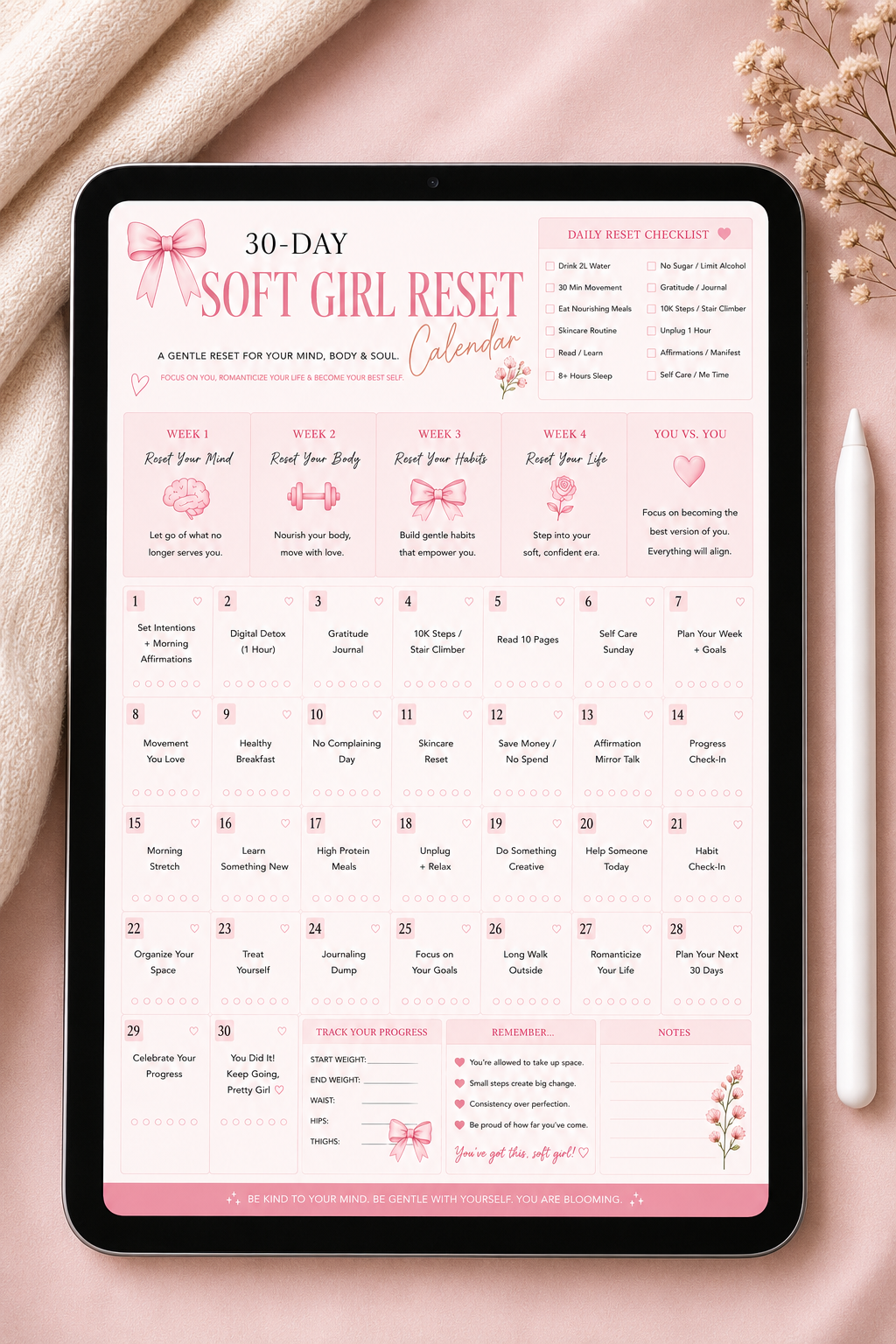 🌸 30-Day Soft Girl Reset Calendar | Printable & Digital Wellness