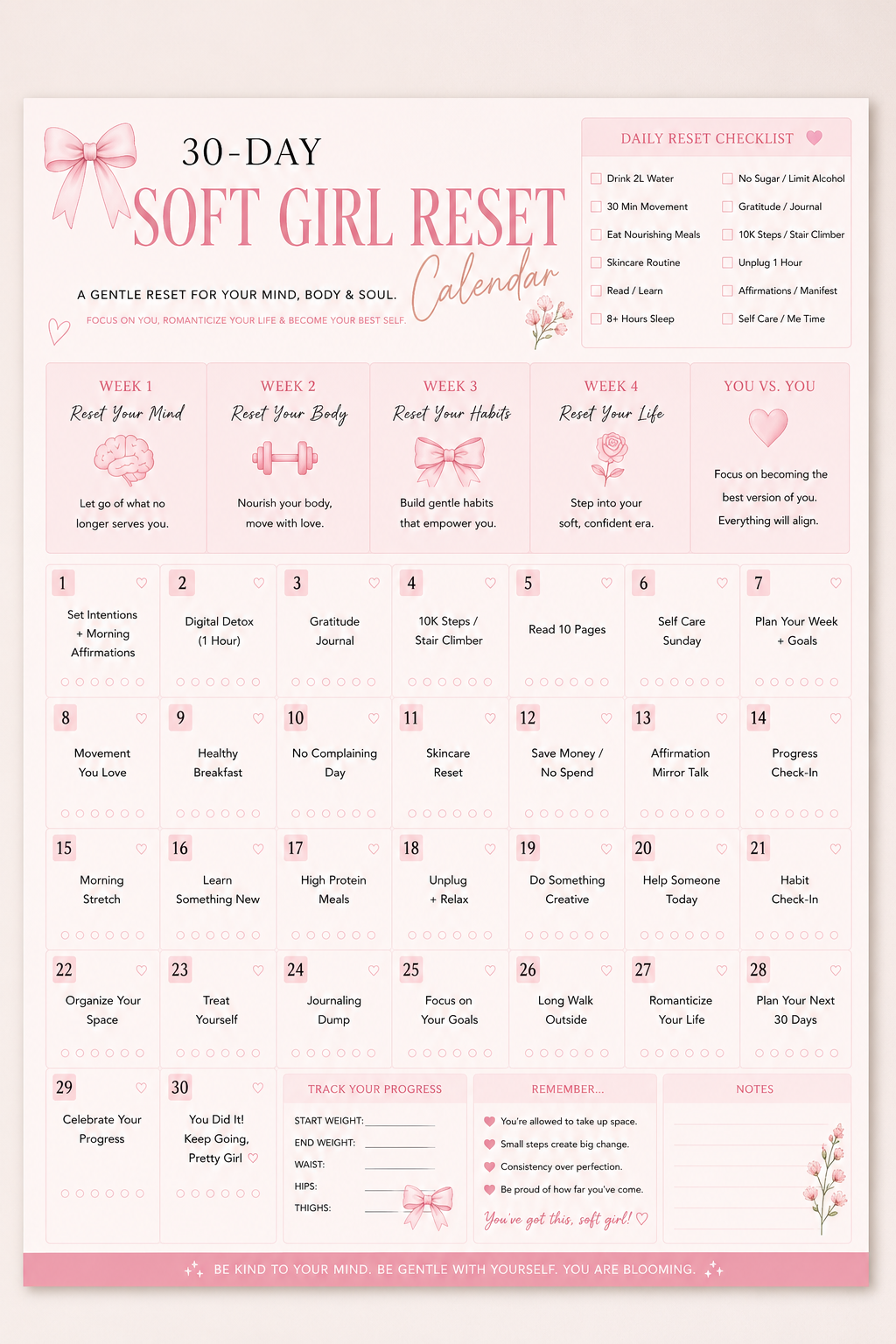 🌸 30-Day Soft Girl Reset Calendar | Printable & Digital Wellness