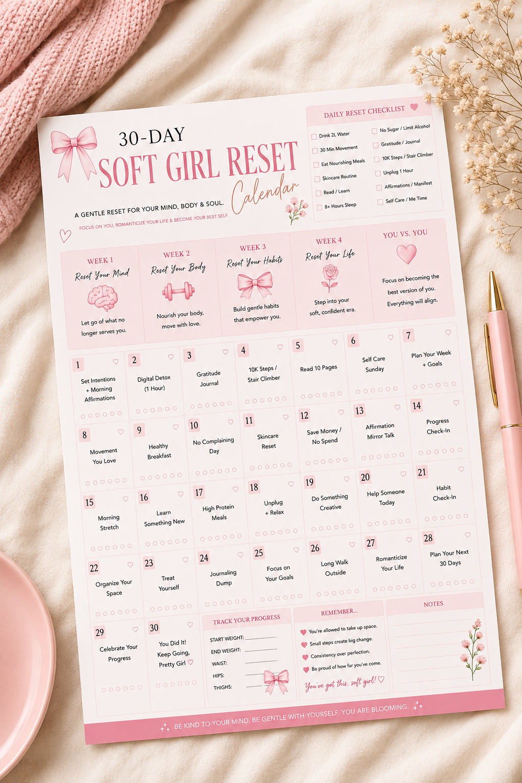 🌸 30-Day Soft Girl Reset Calendar | Printable & Digital Wellness