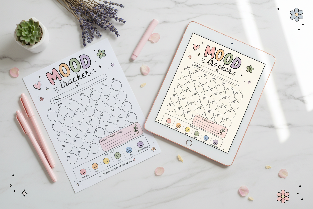 Monthly mood tracker printable shown on iPad and paper, soft girl wellness journal page instant download PDF