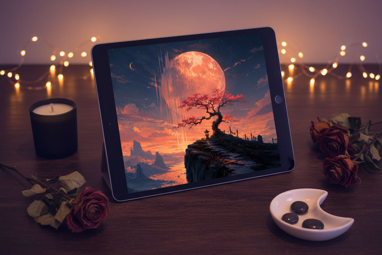 Crimson Moon Cliffside iPad Wallpaper | Fantasy Aesthetic Digital Download