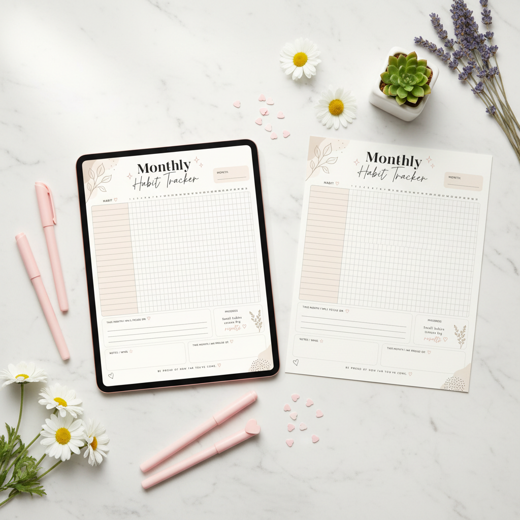 Monthly Habit Tracker Printable shown on iPad tablet and printed on paper, soft girl botanical aesthetic, pastel beige design with 31-day grid