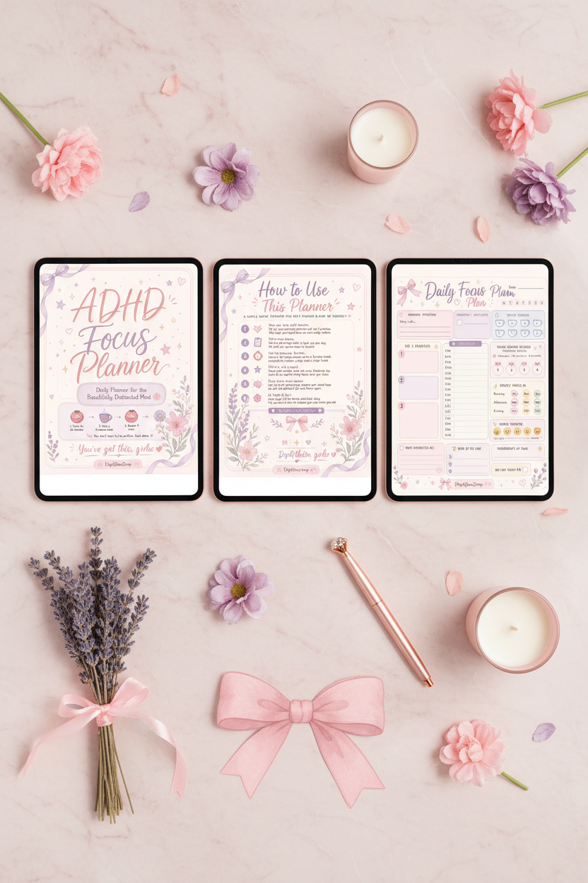 ADHD daily planner printable pages on rose gold iPad - soft girl aesthetic focus planner instant download PDF - DigiGlowDrop
