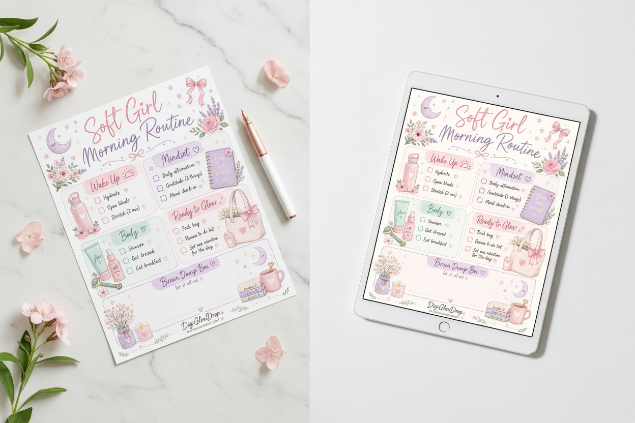 Printed and digital tablet mockup of Soft Girl Morning Routine Checklist, pastel aesthetic printable PDF by DigiGlowDrop